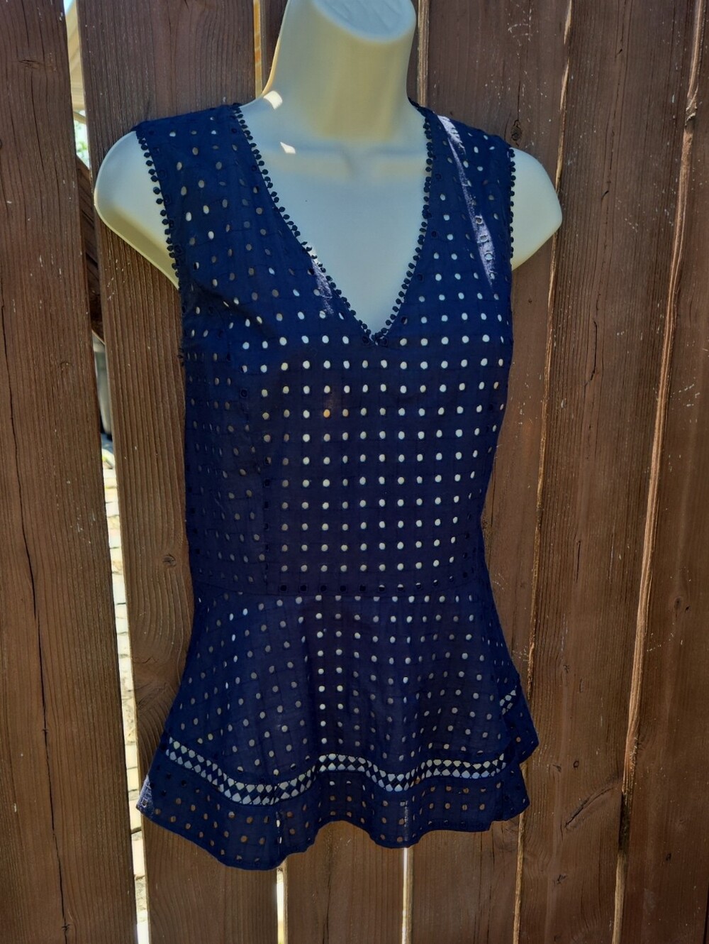 Ann Taylor Navy Eyelet Peplum V-Neck Tank
